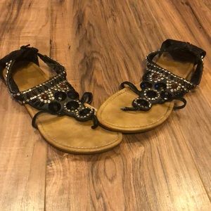 Navy blue and red jeweled sandals